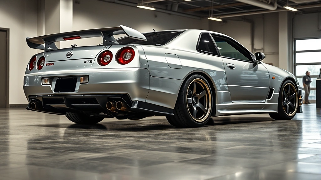 Professional photograph of a silver Nissan Skyline R34 GT-R parked in a modern showroom with polished concrete floor and professional lighting, showcasing the vehicle's iconic rear wing and sleek profile