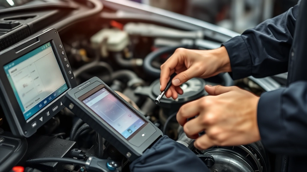 Close-up detail shot of a mechanic's hands performing diagnostic testing on an engine with computer equipment and tools visible, emphasizing professional vehicle inspection and mechanical evaluation