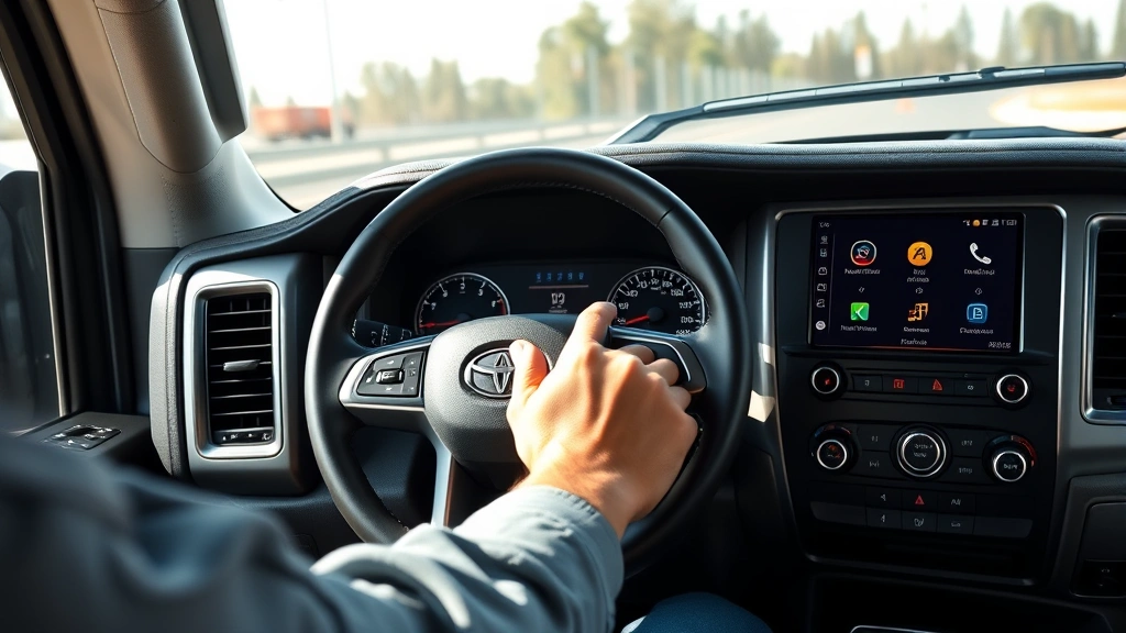 Detailed close-up of truck dashboard and steering wheel during test drive, driver's hands on wheel, modern infotainment screen visible, natural daylight through windshield