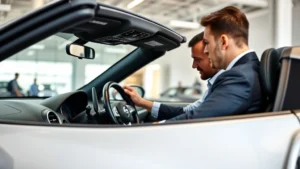 Professional automotive salesperson in business casual attire showing a customer the sleek silver Nissan Z sports car interior, both examining the dashboard and steering wheel in bright dealership showroom lighting
