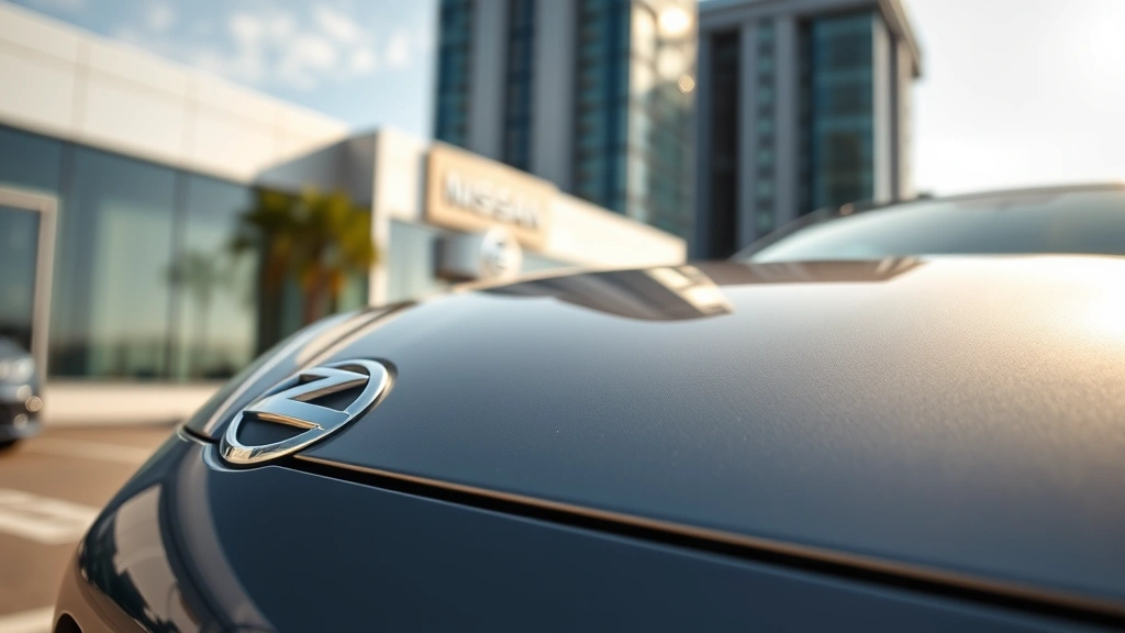 Close-up of a certified pre-owned Nissan Z sports car on a dealer lot under afternoon sunlight, showing the iconic Z badge and polished exterior, with blurred modern buildings in background