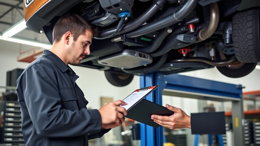 Automotive mechanic in professional uniform performing detailed inspection of Nissan Z undercarriage using diagnostic equipment in a well-lit service garage, with inspection checklist clipboard visible on workbench