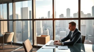 Professional businessman in modern Chicago office building overlooking downtown skyline, wearing business attire, working at desk with laptop and documents, natural window light, contemporary interior design with glass partitions and minimalist furniture