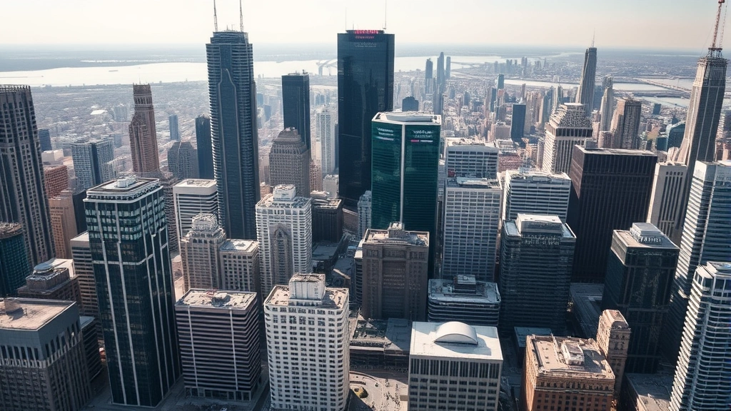 Aerial cityscape photograph of Chicago Loop district showing tall skyscrapers and office buildings during daytime, urban landscape with clear architectural detail, multiple commercial office towers with glass and steel construction