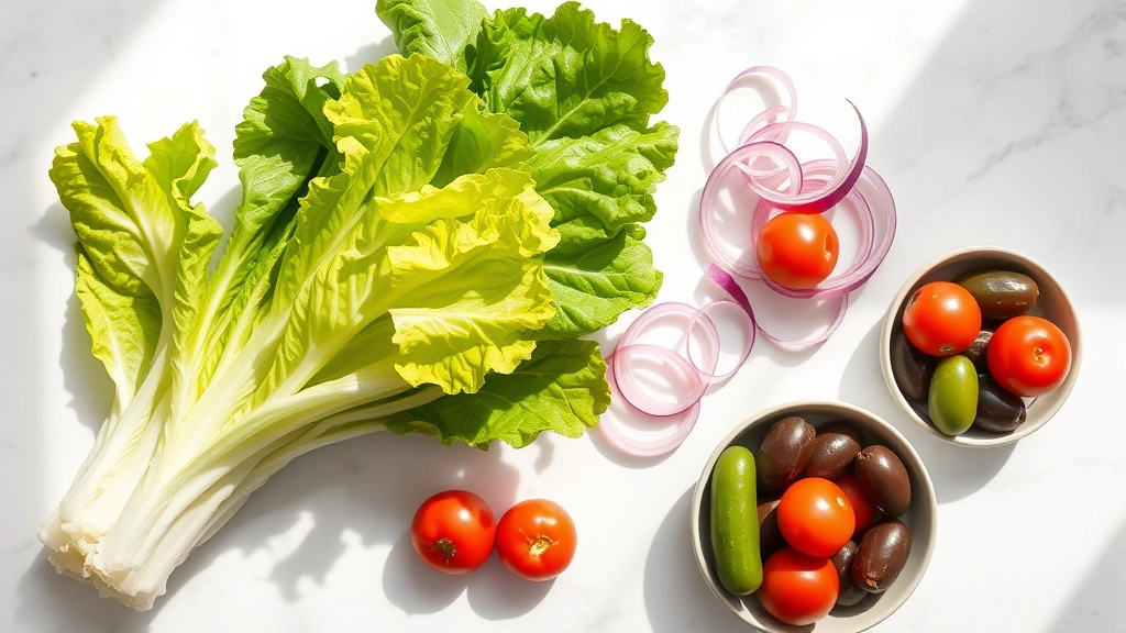 Professional overhead shot of fresh romaine lettuce, red onions, cherry tomatoes, cucumbers, and kalamata olives arranged separately on a clean white marble countertop with natural daylight streaming in, showcasing premium fresh ingredients