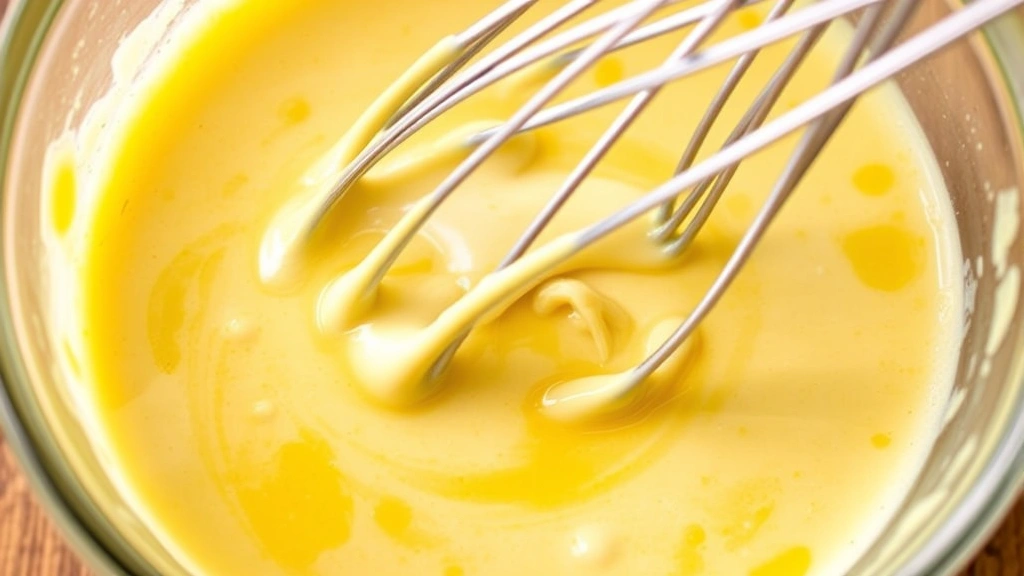 Close-up of creamy Italian salad dressing being whisked in a glass bowl with mayonnaise and oil emulsifying together, showing the process of creating the signature dressing with vibrant color and smooth texture