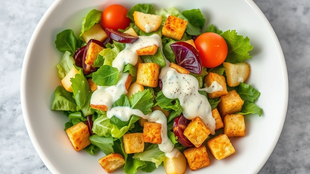 Beautifully plated Olive Garden-style salad in a large white ceramic bowl with golden crispy croutons, fresh greens, colorful vegetables, and creamy dressing coating the lettuce, photographed from above with soft professional lighting