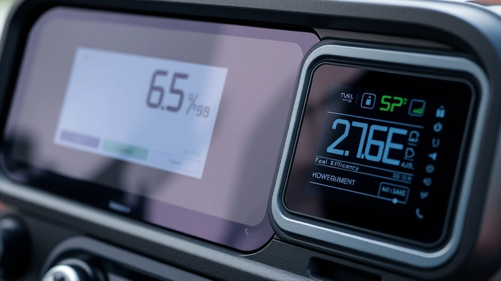Close-up of advanced outboard motor control panel and digital display screen showing fuel efficiency metrics, horsepower specifications, and electronic systems, modern technology interface with clear readability
