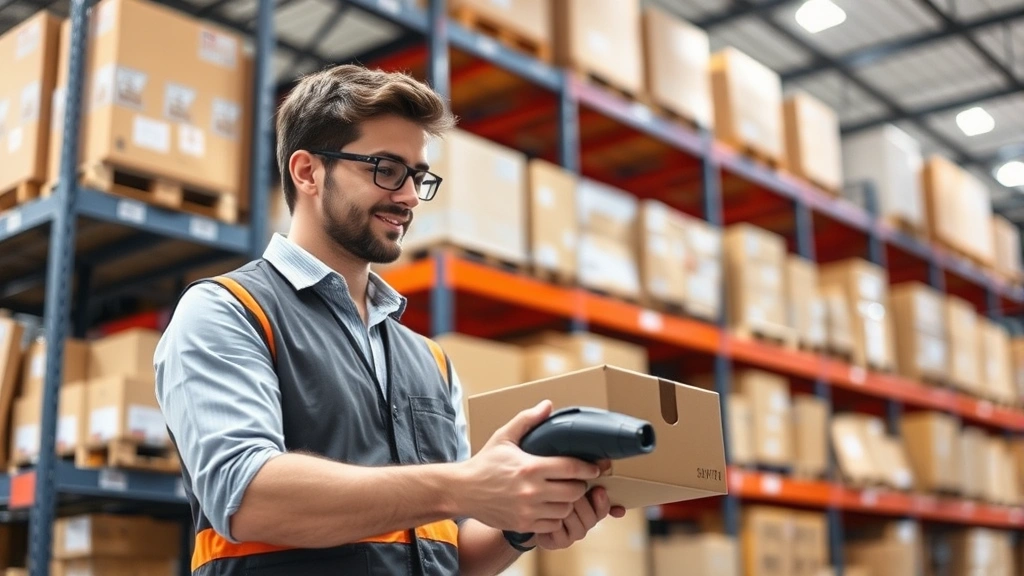 Professional warehouse worker scanning package with barcode scanner, organized shelving with boxes in background, neutral lighting, modern logistics facility environment