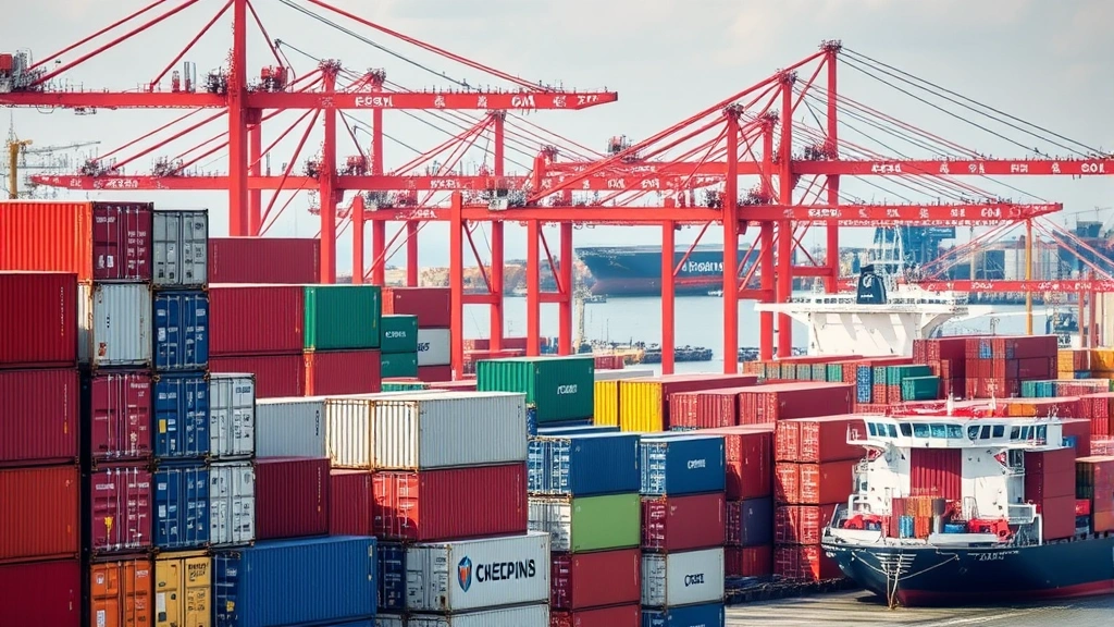 International shipping containers stacked at port terminal with cargo ships, global logistics infrastructure, daylight, commercial shipping yard atmosphere
