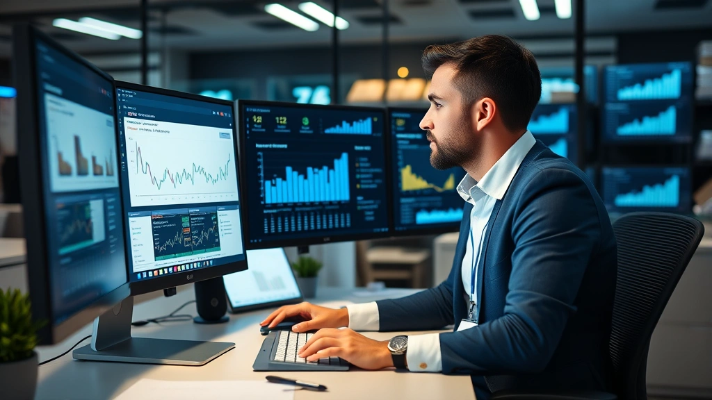 E-commerce business owner reviewing shipping analytics on computer screen in office, professional workspace, multiple monitors showing logistics data and charts