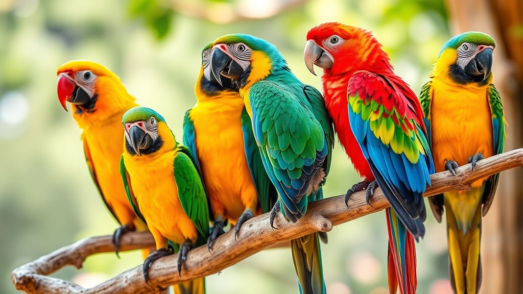 Diverse group of colorful parrots perched together on wooden branches in natural lighting, displaying healthy feathering and alert expressions, realistic pet bird photography