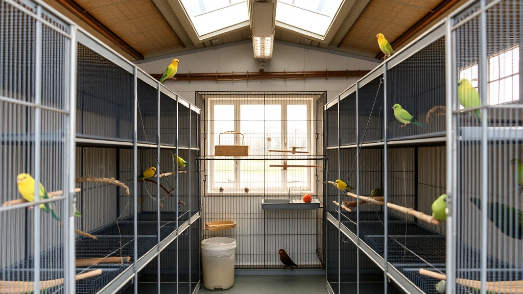 Professional avian breeder facility interior showing spacious clean cages with enrichment toys, perches, and natural daylight, organized and well-maintained environment