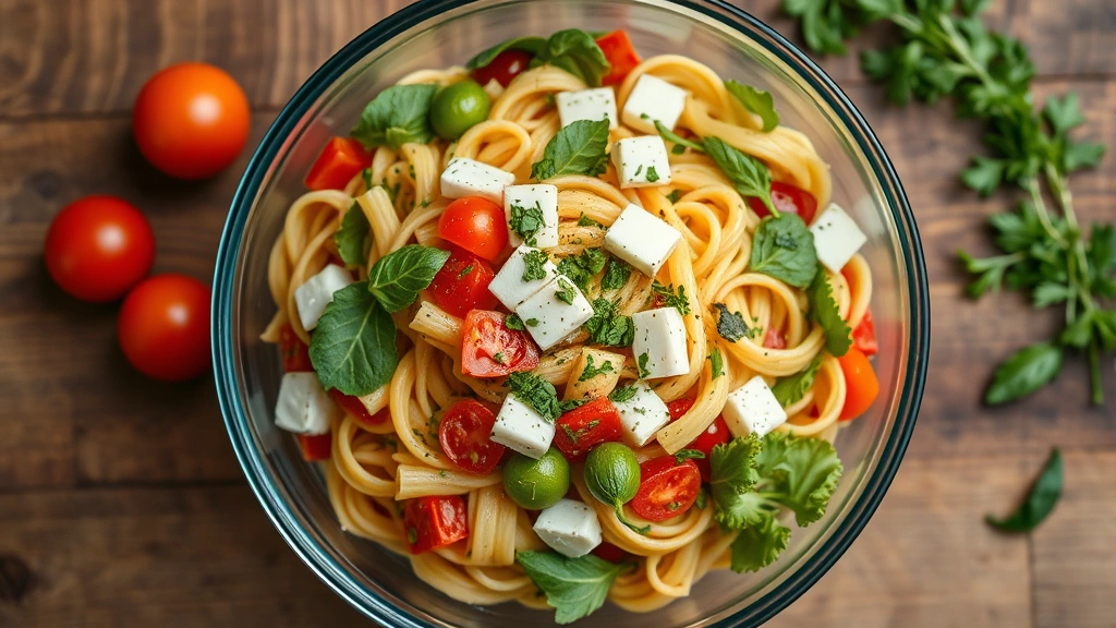Overhead view of vibrant pasta salad with fresh vegetables, mozzarella, and Italian herbs in a large glass mixing bowl, professional food photography lighting, warm rustic background
