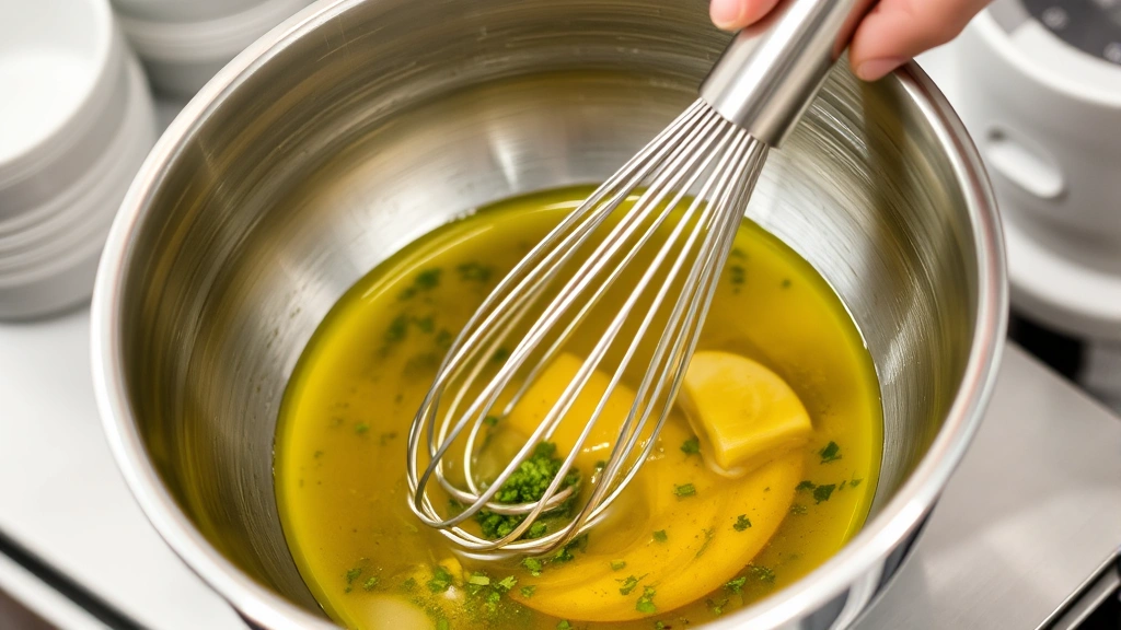 Close-up of hand whisking Italian dressing with olive oil, vinegar, and herbs in a stainless steel bowl, showing proper emulsification technique, professional kitchen setting
