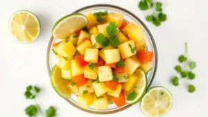 Professional overhead shot of vibrant pineapple cucumber salad in clear glass bowl, lime wedges and fresh cilantro garnish, natural daylight, minimalist white background, commercial food photography style