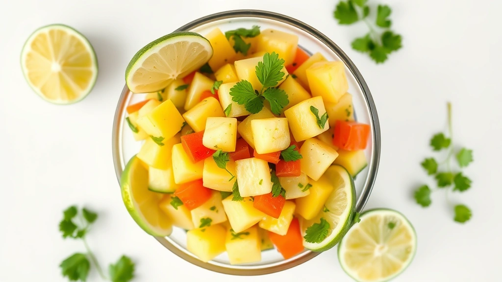 Professional overhead shot of vibrant pineapple cucumber salad in clear glass bowl, lime wedges and fresh cilantro garnish, natural daylight, minimalist white background, commercial food photography style