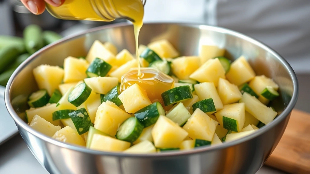 Close-up detail of freshly cut pineapple chunks and cucumber slices being combined in large stainless steel mixing bowl with lime dressing being poured, professional kitchen setting, action shot