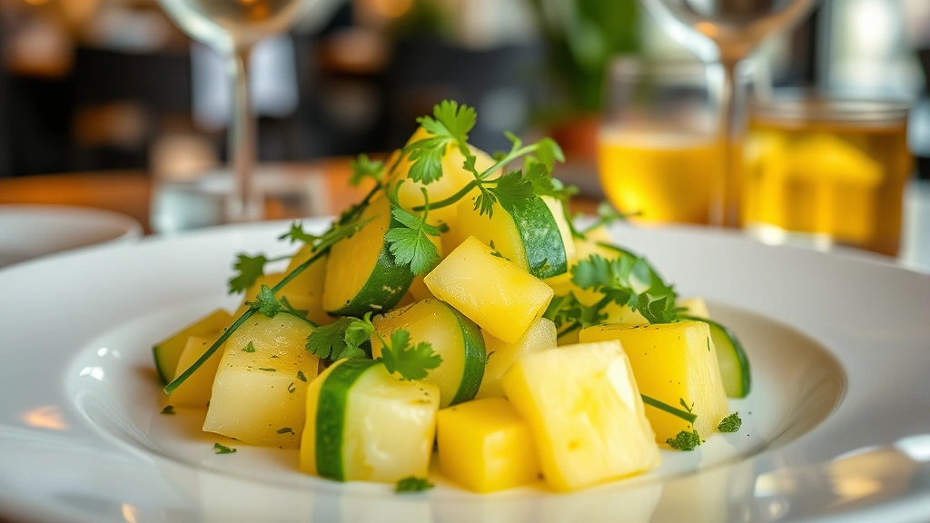 Elegant plated pineapple cucumber salad on white ceramic plate with cilantro microgreens, jalapeño slice garnish, restaurant-quality presentation, soft natural lighting, blurred dining ambiance background