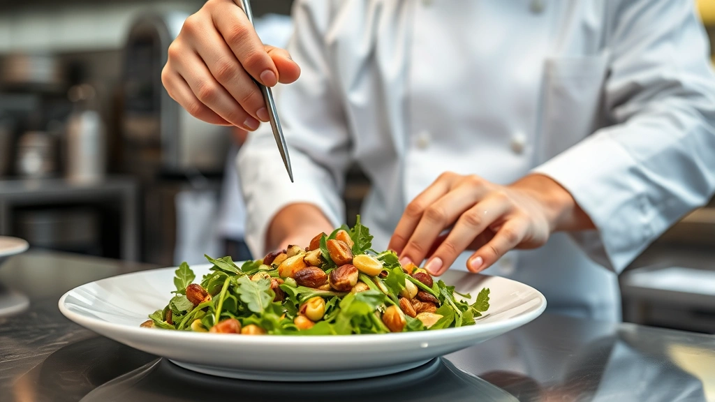 Professional chef plating a gourmet pistachio salad with roasted nuts, fresh greens, and artisanal vinaigrette in a modern restaurant kitchen, natural lighting highlighting ingredient quality and composition