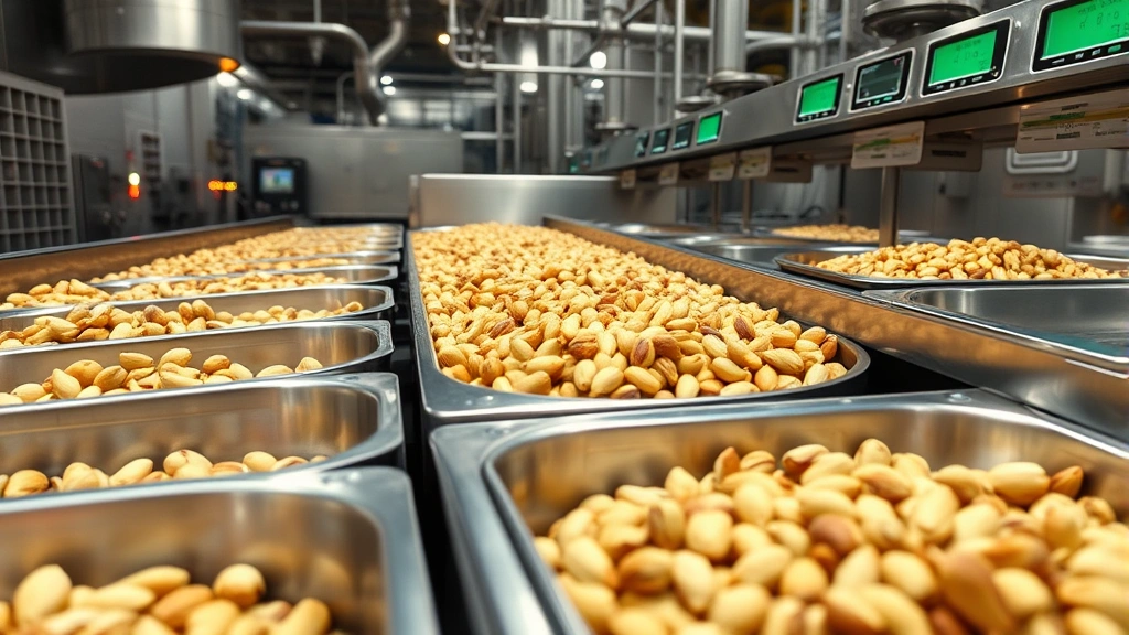Bulk roasted pistachios in commercial food processing equipment with temperature monitoring displays, showing professional food production environment with stainless steel containers and quality control systems