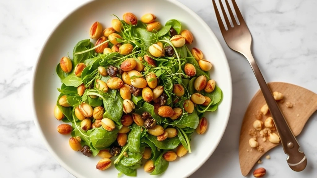 Finished pistachio salad in premium plating on white ceramic dish with scattered roasted pistachios, microgreens garnish, and balsamic reduction, photographed from above on marble countertop with professional culinary styling