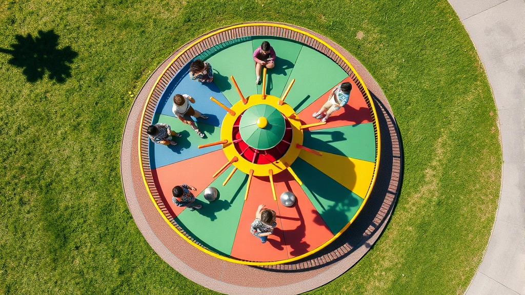 Aerial view of modern colorful playground with spinning merry-go-round equipment, children playing safely with fall surfacing visible, sunny day with green grass surroundings