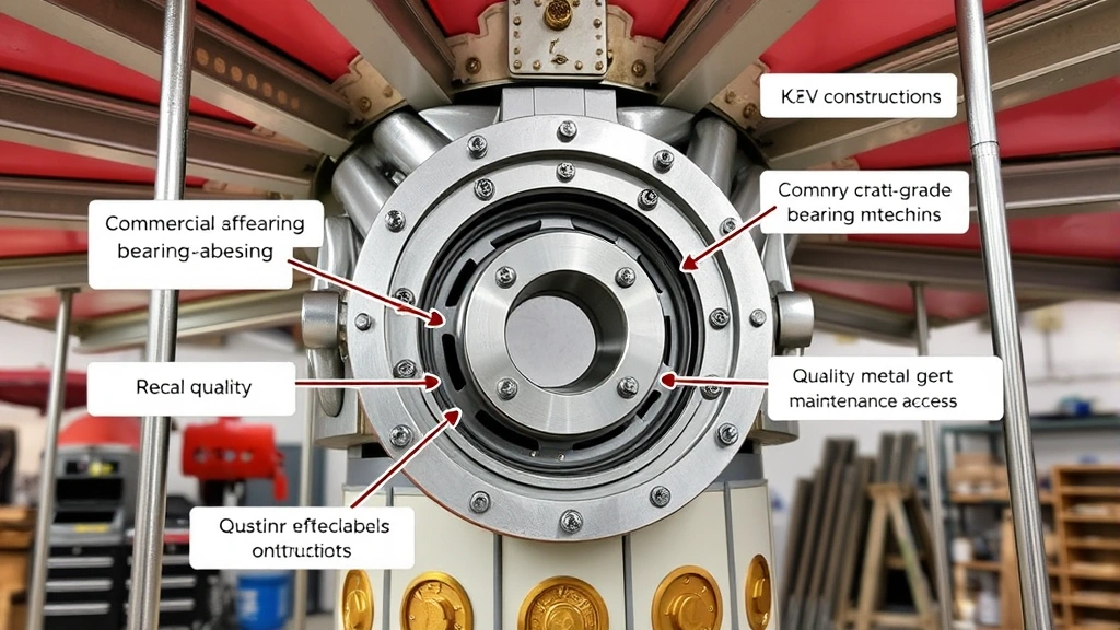 Close-up of commercial-grade merry-go-round bearing mechanisms and structural components, showing quality metal construction and maintenance access points in workshop setting