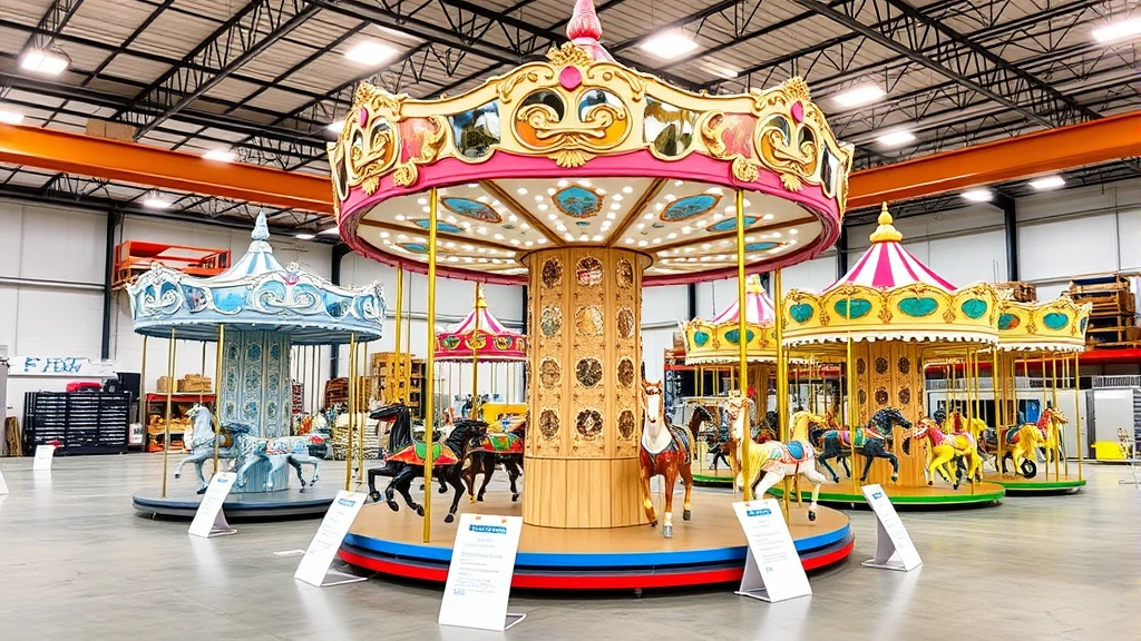 Warehouse showroom displaying multiple merry-go-round models in different sizes and colors, professional display setup with product specification cards, commercial lighting