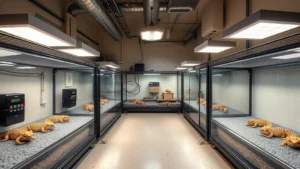 Professional reptile breeder facility interior showing multiple enclosures with proper heating lamps, thermostats, and UVB lighting systems for bearded dragon hatchlings and juveniles