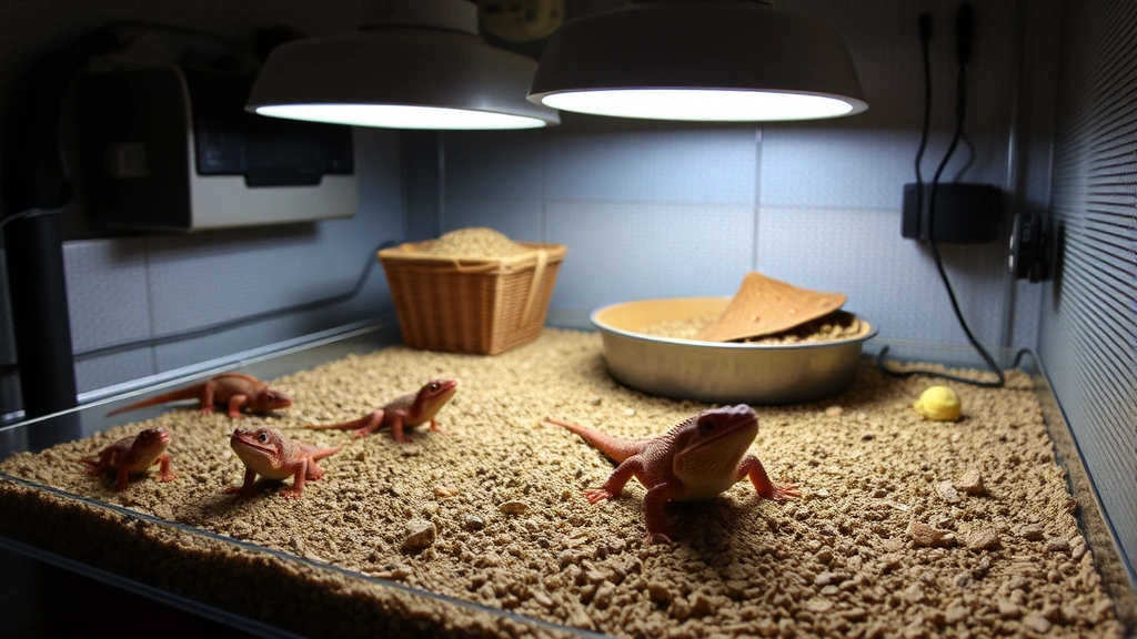Professional reptile breeder facility with proper heating and lighting setups for bearded dragon hatchlings