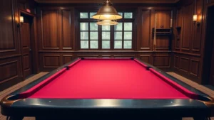 Professional slate pool table with burgundy felt in elegant wood-paneled game room, overhead lighting illuminating pristine playing surface, cues arranged in wall rack nearby
