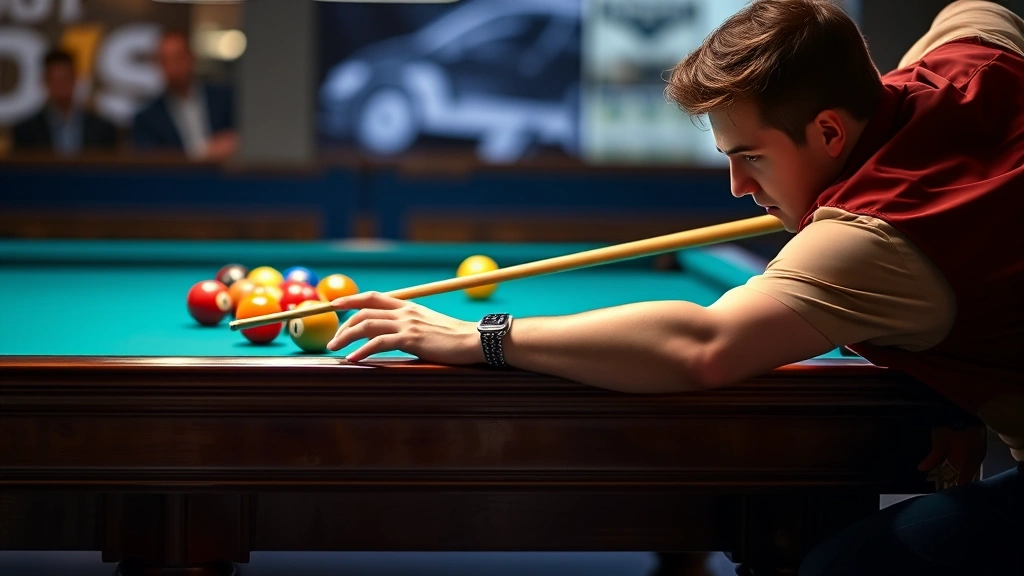 Skilled player executing precise shot on tournament-grade pool table, demonstrating proper form and concentration, cue positioned horizontally across bridge hand