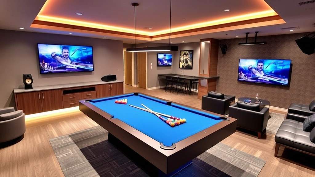 Modern game room featuring multiple entertainment options with pool table as centerpiece, comfortable seating, ambient lighting, and professional setup