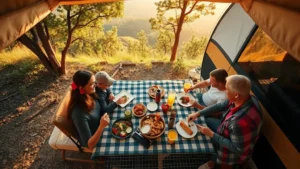 Overhead view of family enjoying outdoor meal at pop-up camper campsite with trees and natural landscape in background, warm sunlight filtering through trees