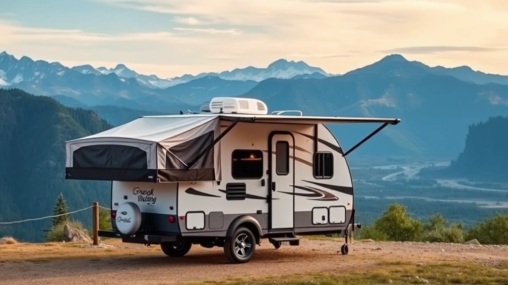 Modern pop-up camper exterior parked at scenic mountain overlook with clear skies, showing clean white and gray exterior design with awning extended