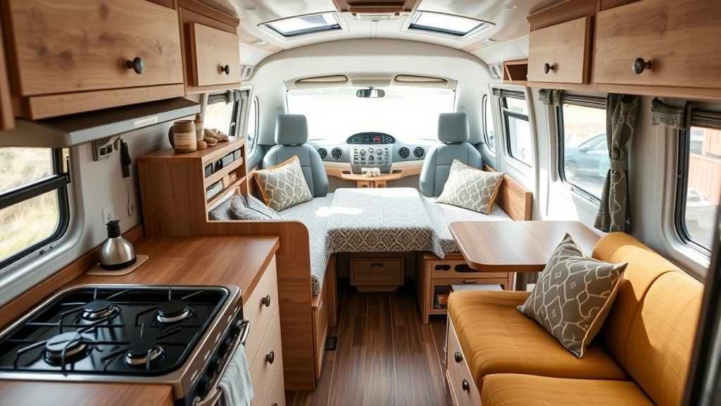 Interior view of pop-up camper kitchen and living space showing compact stove, sink, comfortable seating, and organized storage with natural light from windows
