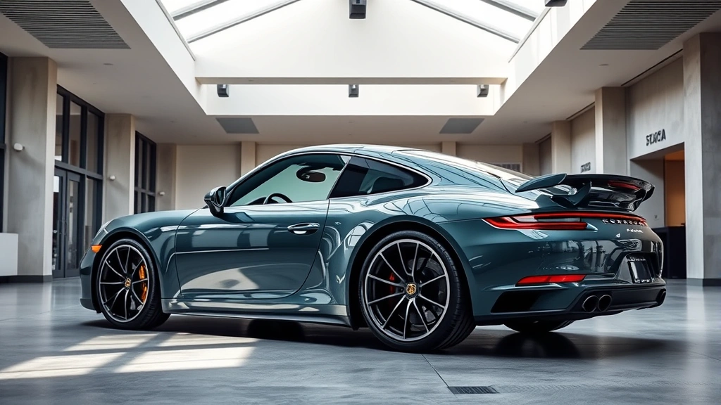 Porsche 911 sports car parked in modern luxury showroom with polished concrete floors, bright natural lighting through skylights, sleek architectural design, no signage or text visible