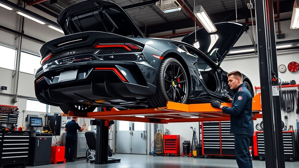 Interior of high-end automotive service center with luxury sports car elevated on hydraulic lift, technician in professional uniform performing maintenance work, diagnostic equipment and tool organization visible