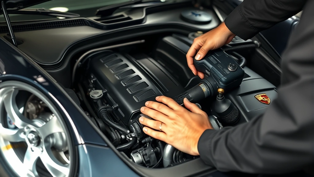 Close-up of Porsche 911 engine compartment during professional inspection, mechanic hands with diagnostic tools, detailed mechanical components visible, workshop lighting, no identifying text or logos