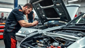 Professional automotive mechanic performing detailed inspection on silver Porsche 944 in well-lit service bay, using diagnostic equipment and checking engine components