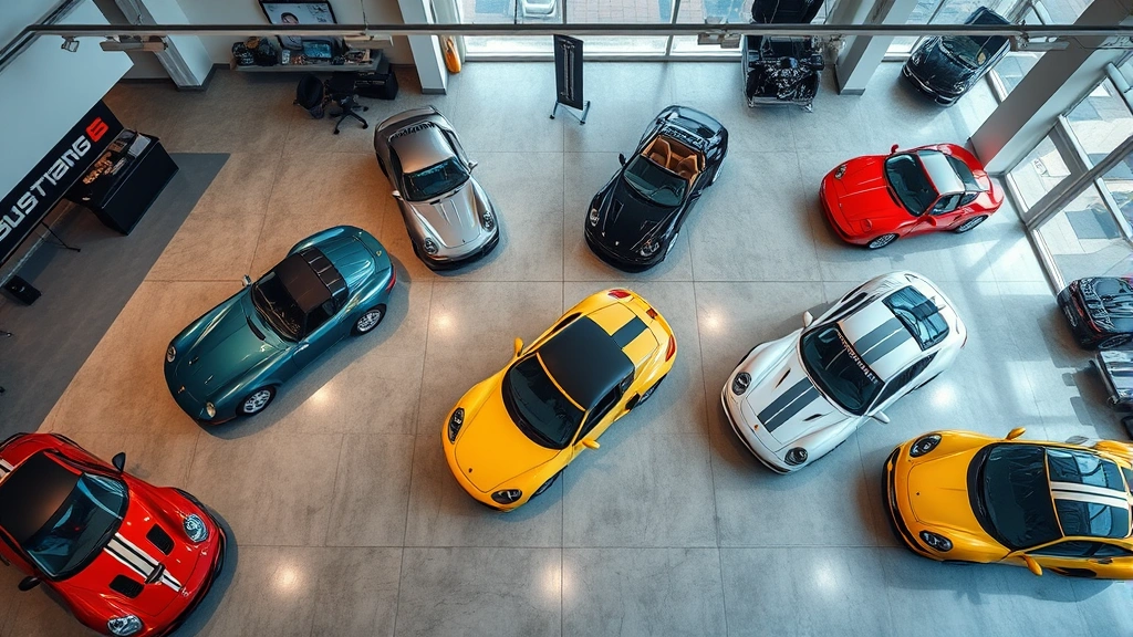Overhead view of car dealer showroom featuring multiple classic sports cars displayed on polished concrete floor with professional lighting highlighting vehicle details