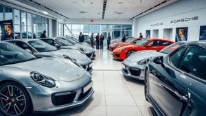 Luxury car dealership showroom interior with polished Porsche vehicles, modern lighting, professional sales environment, business-casual salespeople interacting with customers, premium furnishings, high-end automotive retail setting