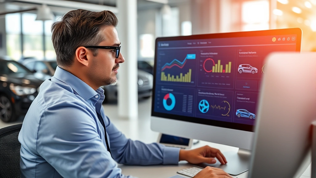 Automotive dealership manager reviewing digital inventory management system on computer screen, dashboard displaying vehicle stock metrics, sales data visualization, modern office environment, professional business attire