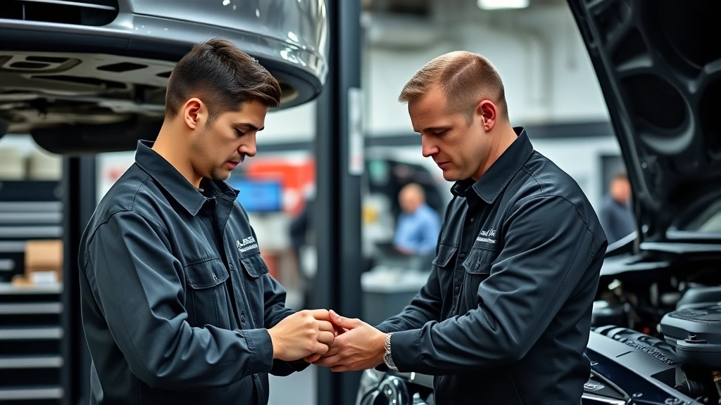 Porsche service center technician performing vehicle inspection, checking mechanical components, diagnostic equipment visible, professional automotive workshop environment, certified technician in branded uniform, quality assurance focus