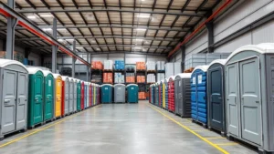 Professional warehouse storage facility with rows of portable toilets in various colors and sizes, modern sanitation equipment inventory under bright industrial lighting, clean organized facility
