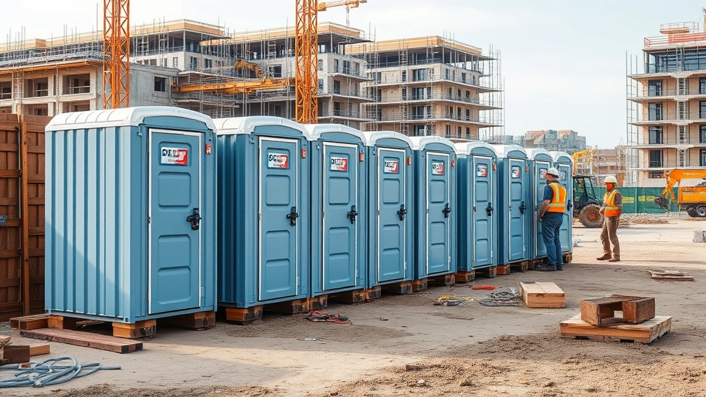 Construction site with multiple portable toilet units positioned strategically, workers in safety gear in background, temporary facility setup during active building project, daytime outdoor scene
