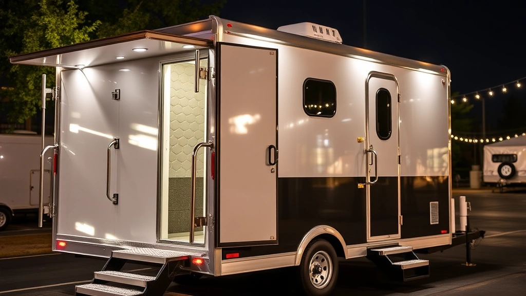 Close-up of premium luxury restroom trailer exterior, professional event sanitation equipment, polished exterior with modern design elements, parked at venue location