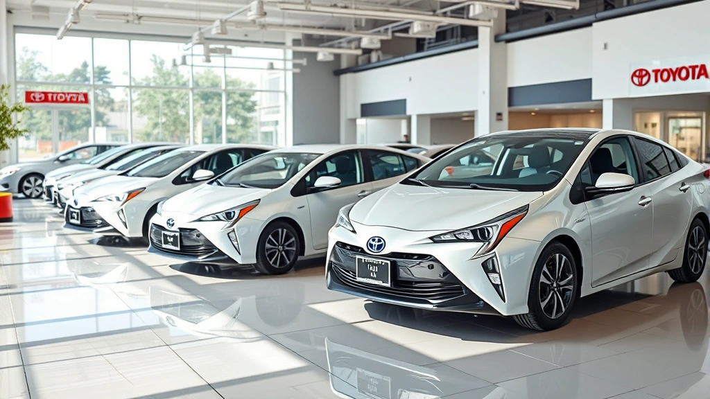 Professional automotive showroom with multiple Toyota Prius vehicles displayed on glossy floor with modern lighting and dealer branding, clean contemporary dealership interior with natural light