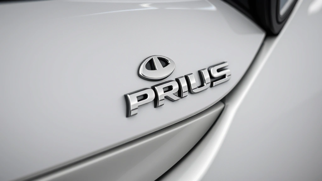 Close-up detail of Prius hybrid badge on vehicle exterior with modern car body, professional automotive photography showcasing premium finish and design elements